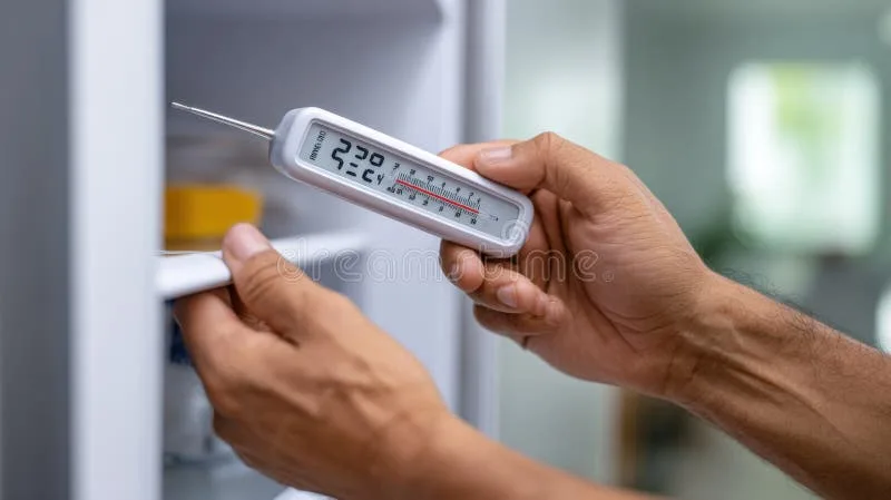 Thermometer held near refrigerator food storage