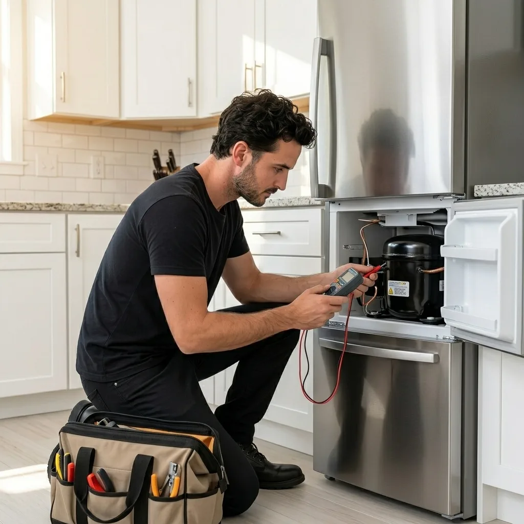 Person observing a refrigerator and kitchen appliance area