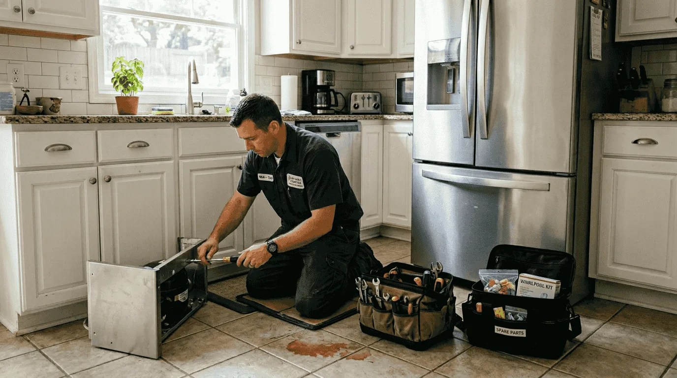 Household refrigerator open in a bright kitchen during a diagnostic inspection